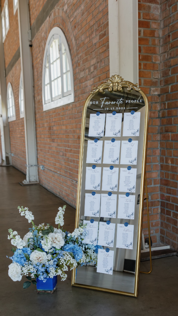 Custom mirror seating chart & floral bouquet by Event Flow Co. at The Brick, San Diego